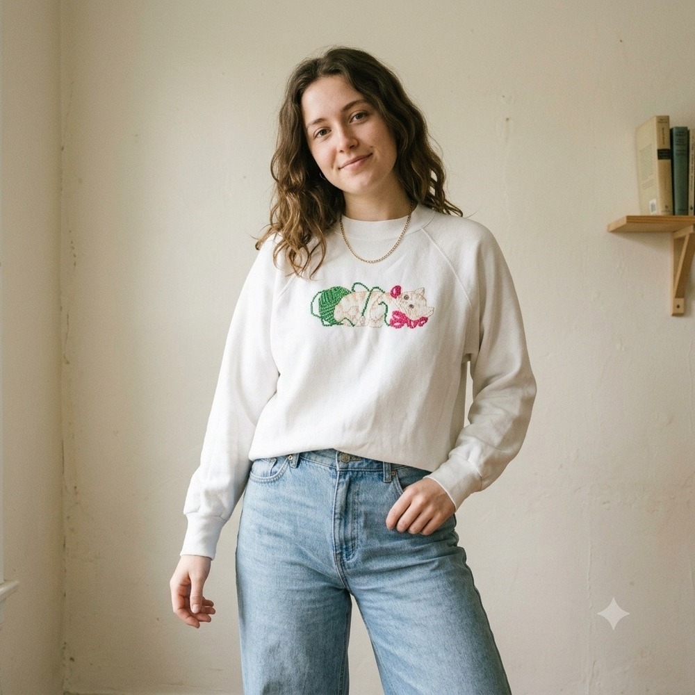 Vintage 90s Ultra Sweats Womens Sweatshirt Large White Cat Yarn Raglan Cottage